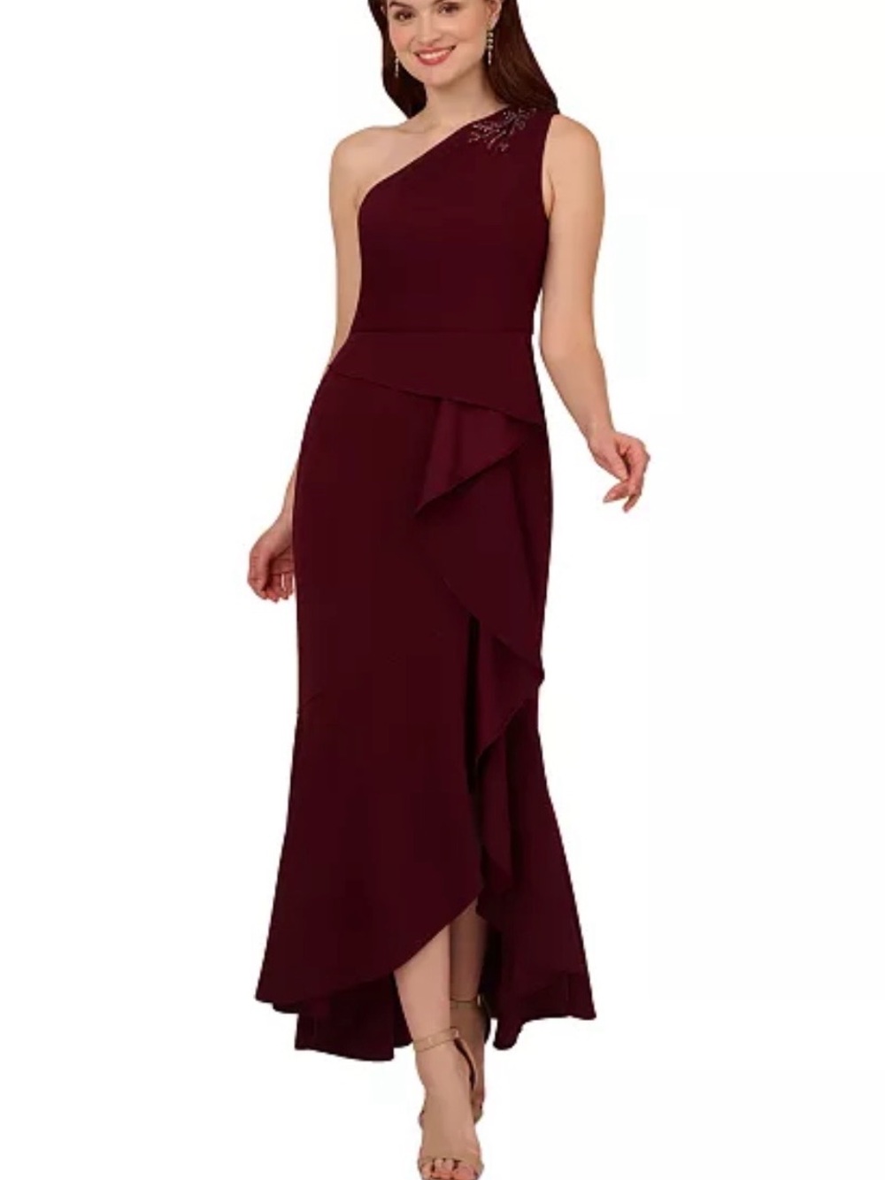Adrianna Papell One-Shoulder Burgundy Ruffle Gown